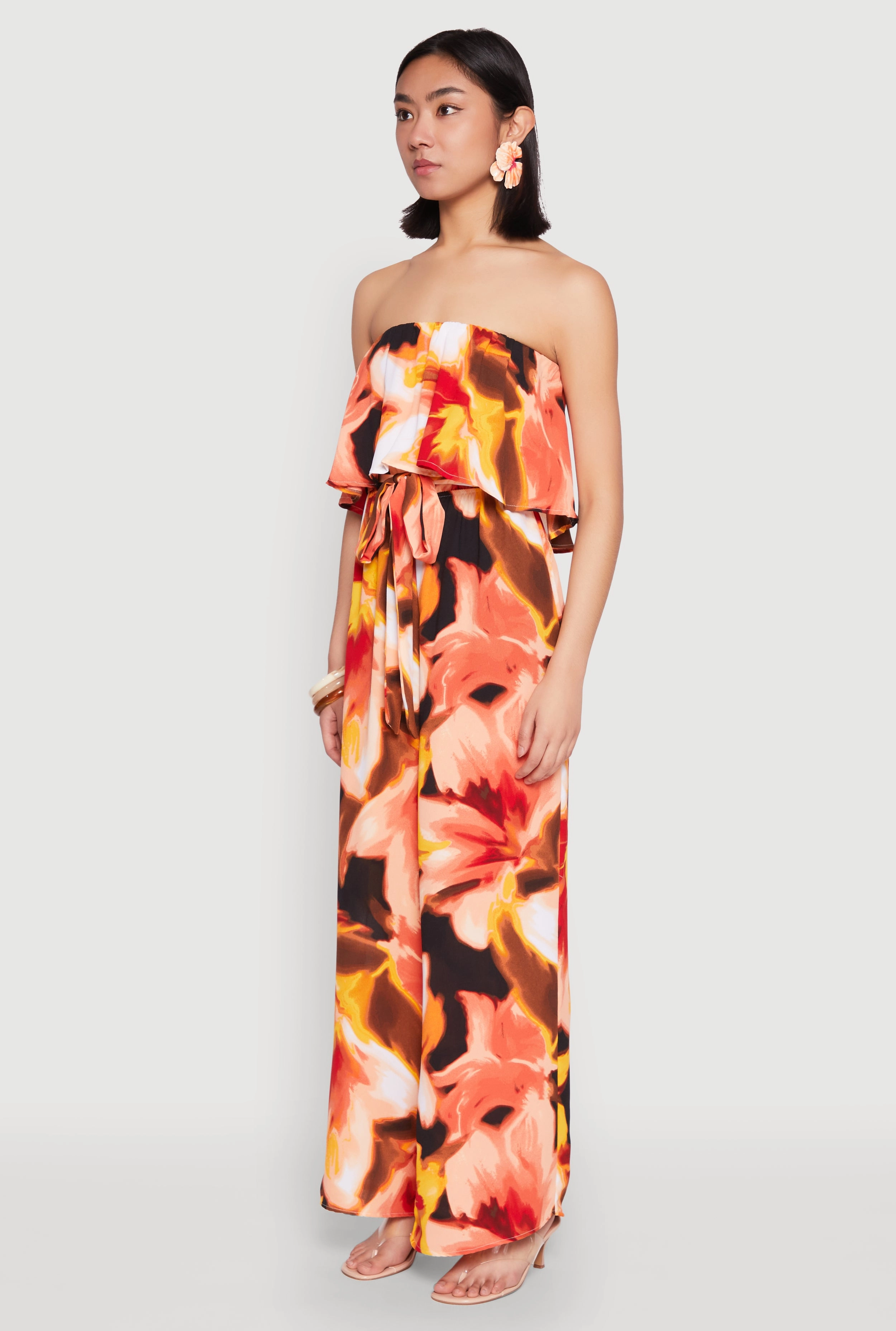 Abstract Floral Print Strapless Jumpsuit
