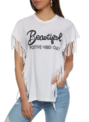Beautiful Positive Vibes Only Sequin Fringe Graphic Top