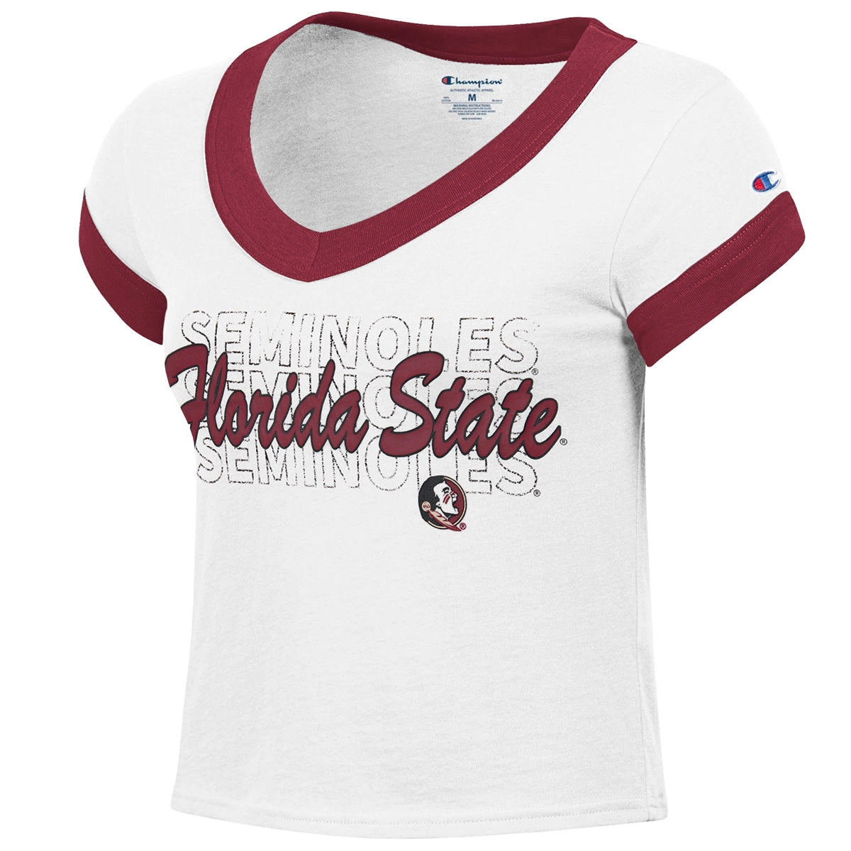 Champion Women's Seminoles Florida State/Seminole Logo Design Short Sleeve Crop Ringer T-shirt - White/Garnet