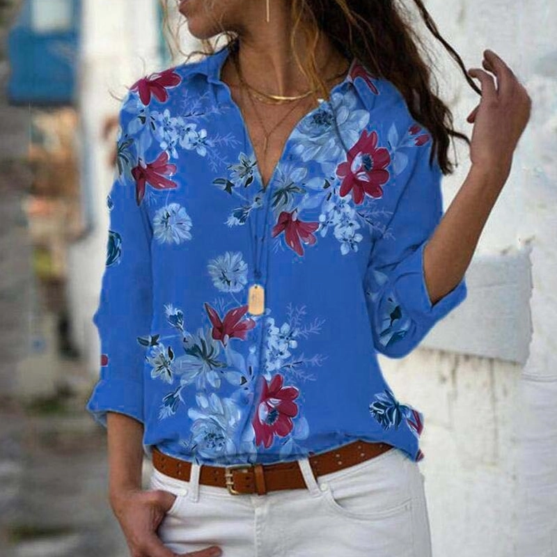 Long Sleeve Tops Blouses Print V-Neck Chiffon Blouse