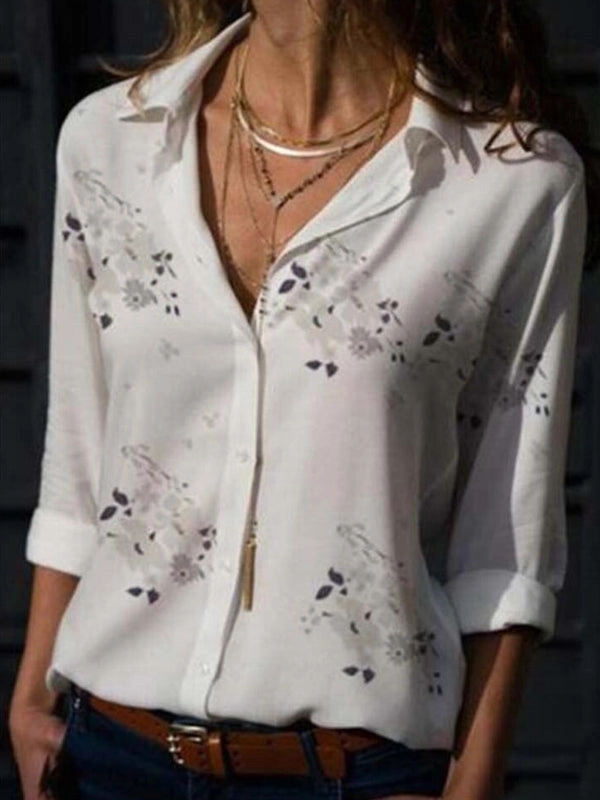 Long Sleeve Tops Blouses Print V-Neck Chiffon Blouse