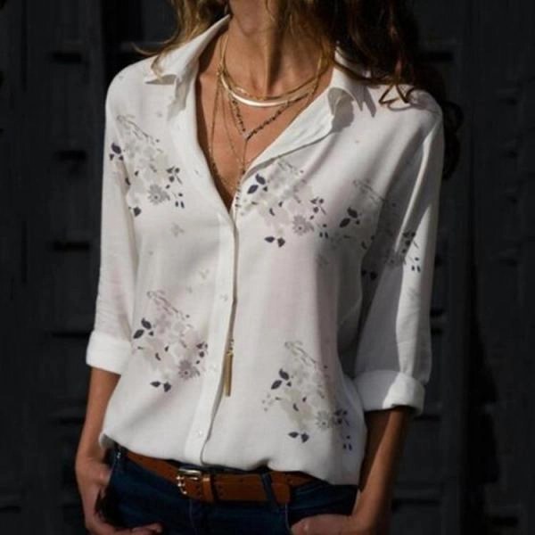 Long Sleeve Tops Blouses Print V-Neck Chiffon Blouse