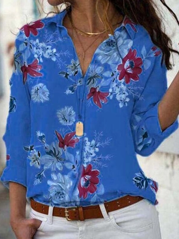 Long Sleeve Tops Blouses Print V-Neck Chiffon Blouse