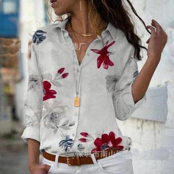 Long Sleeve Tops Blouses Print V-Neck Chiffon Blouse