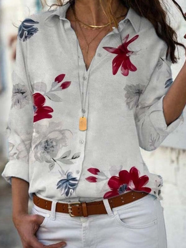 Long Sleeve Tops Blouses Print V-Neck Chiffon Blouse