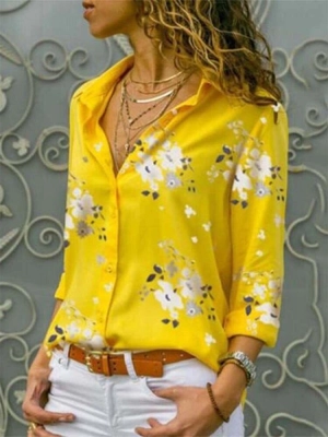 Long Sleeve Tops Blouses Print V-Neck Chiffon Blouse