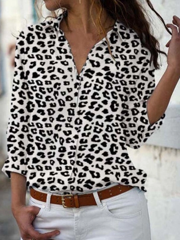 Long Sleeve Tops Blouses Print V-Neck Chiffon Blouse