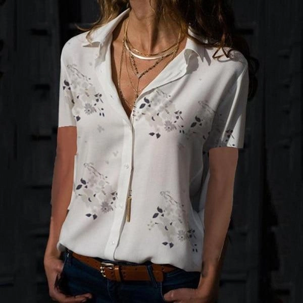 Long Sleeve Tops Blouses Print V-Neck Chiffon Blouse