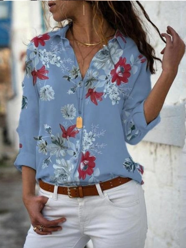 Long Sleeve Tops Blouses Print V-Neck Chiffon Blouse