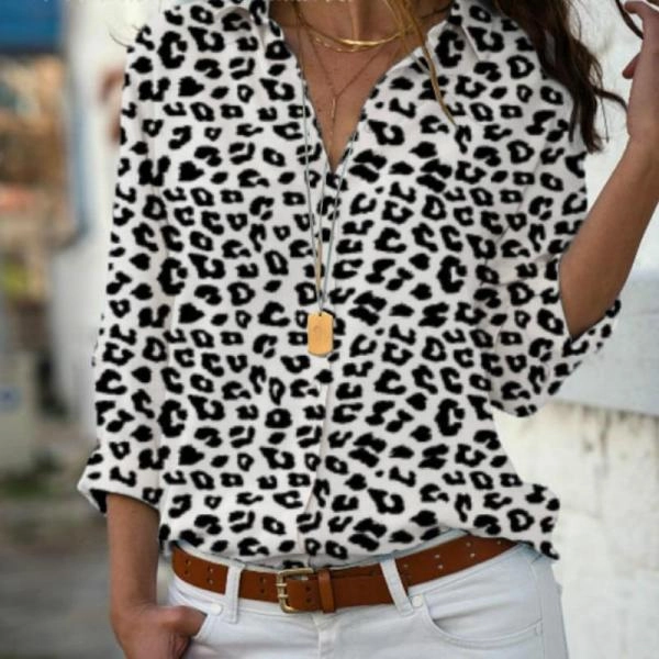 Long Sleeve Tops Blouses Print V-Neck Chiffon Blouse