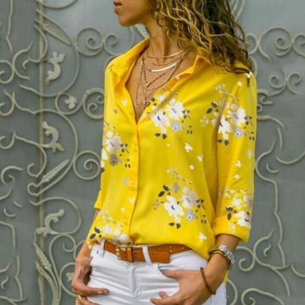Long Sleeve Tops Blouses Print V-Neck Chiffon Blouse