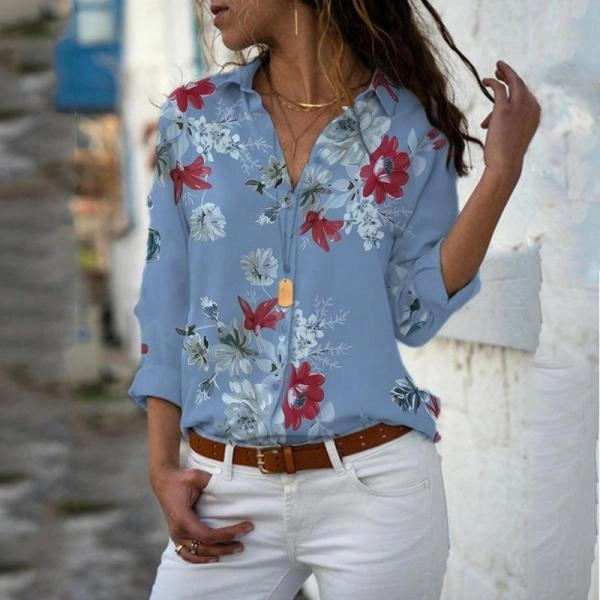 Long Sleeve Tops Blouses Print V-Neck Chiffon Blouse