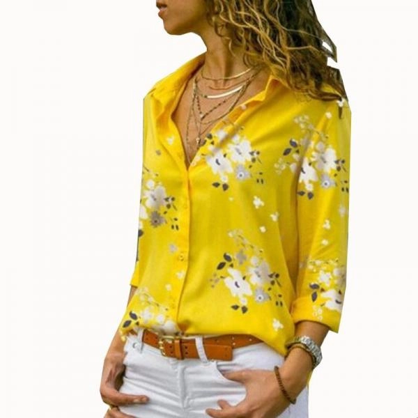 Long Sleeve Tops Blouses Print V-Neck Chiffon Blouse