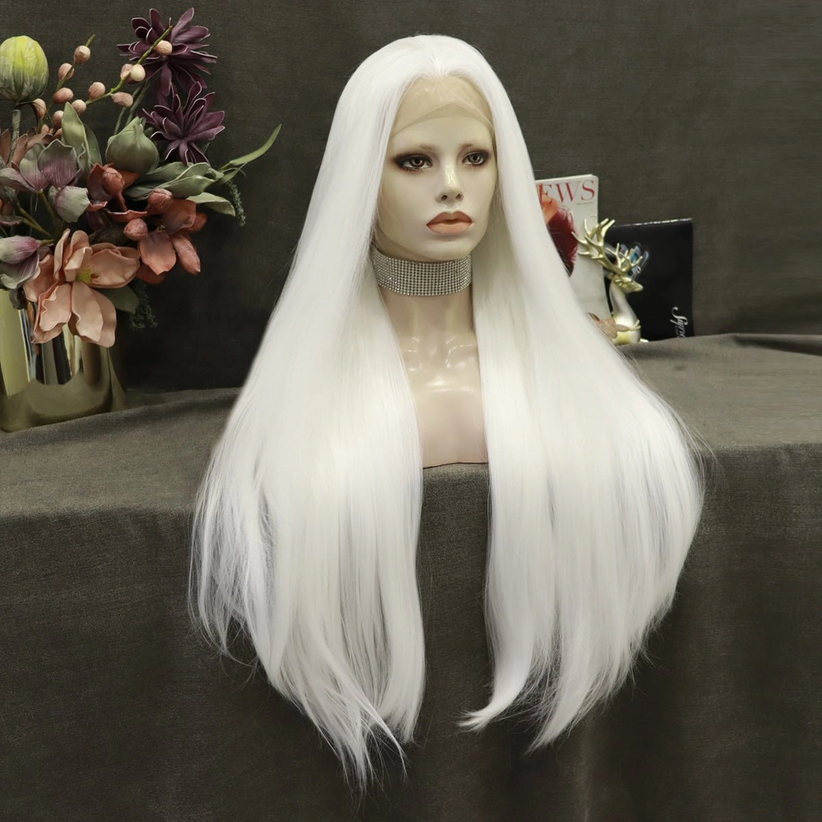 Pearl White Silk Long Straight Synthetic Lace Front Wigs