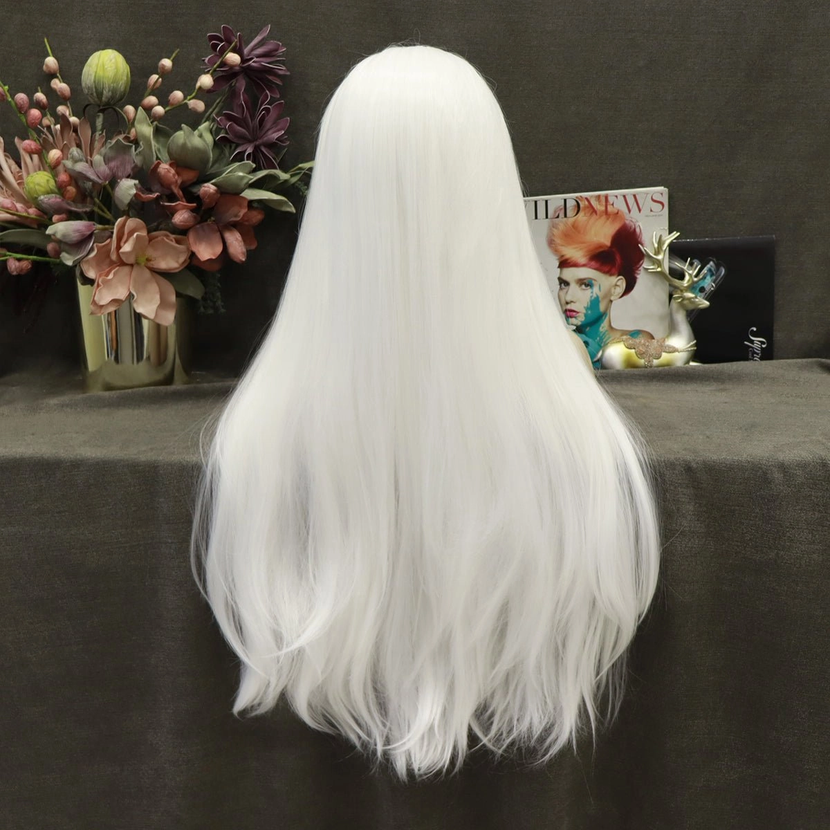 Pearl White Silk Long Straight Synthetic Lace Front Wigs