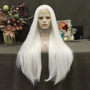 Pearl White Silk Long Straight Synthetic Lace Front Wigs