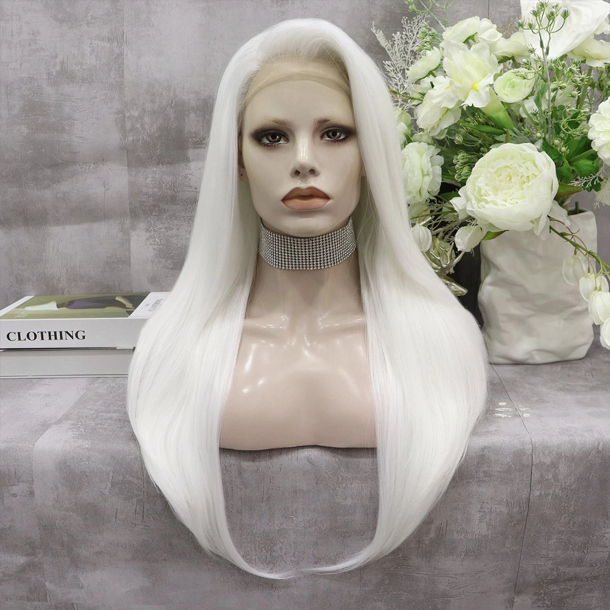 Pearl White Silk Long Straight Synthetic Lace Front Wigs