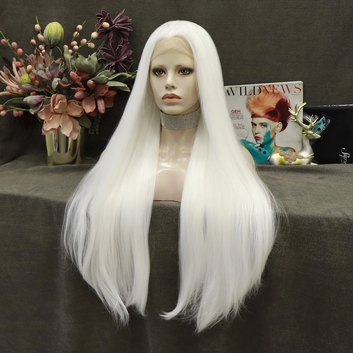 Pearl White Silk Long Straight Synthetic Lace Front Wigs