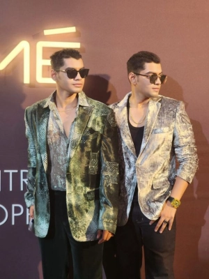 Sobo Guys in our Emerald Blotched Printed Velvet Blazer with Hand Embroidery, Emerald Velvet Pants paired with Forest Printed Lurex Shirt from Matrix Collection