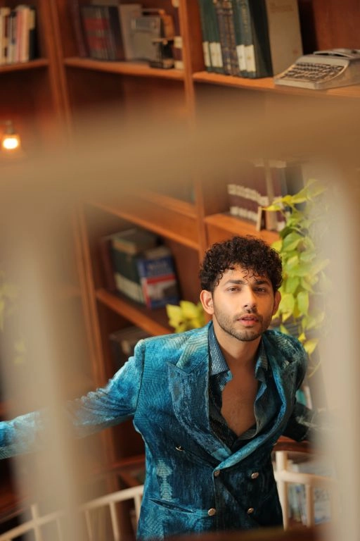 Varun Agrawal in our Jade Blue Blotched Print Blazer, Jade Blue Blotched Print Velvet Pants and Jade Blue Lurex Blotch Printed Shirt with Lining from Matrix Collection