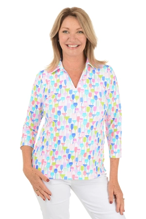 White Wine Glasses UPF50  3/4 Sleeve Polo Top