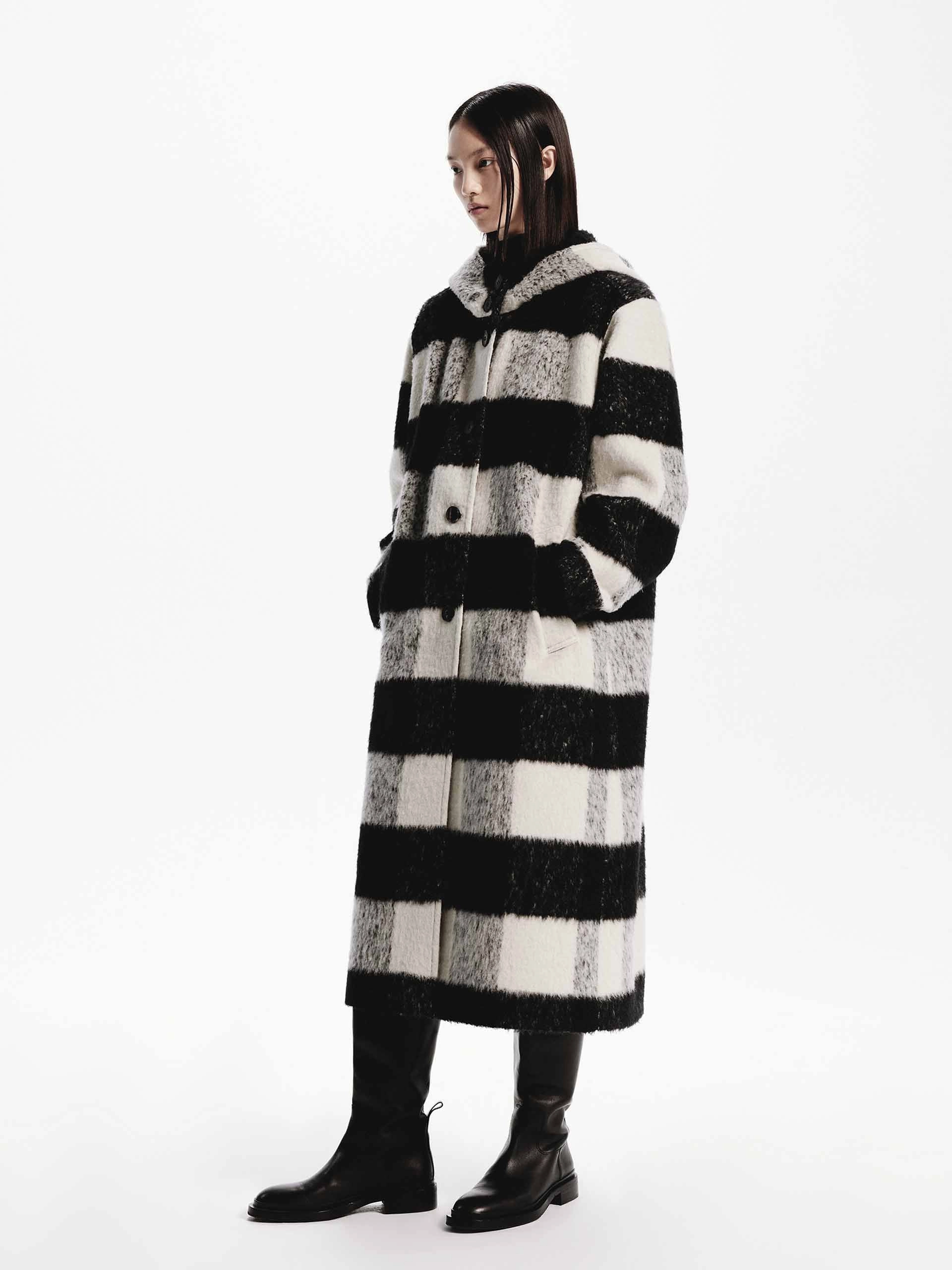 Wool Blend Plaid Long Coat